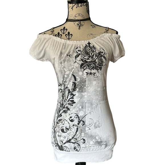 Y2K White and Grey Graphic Rhinestone Off the Shoulder Tunic/Top - Picture 2 of 7